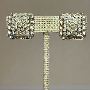 Vintage Gold Square Pave Rhinestone Clip-on Sparkling Earrings
